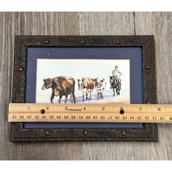 Lopez Baylon Watercolor Painting Cowboy Cattle Herd Rustic Western Framed Art - Picture 2 of 7